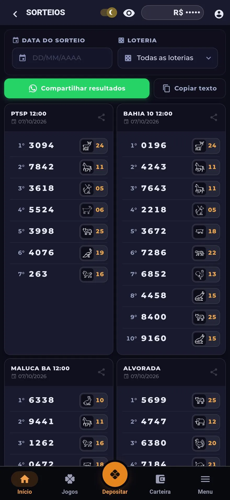 Resultados dos sorteios do dia com milhares e grupos
